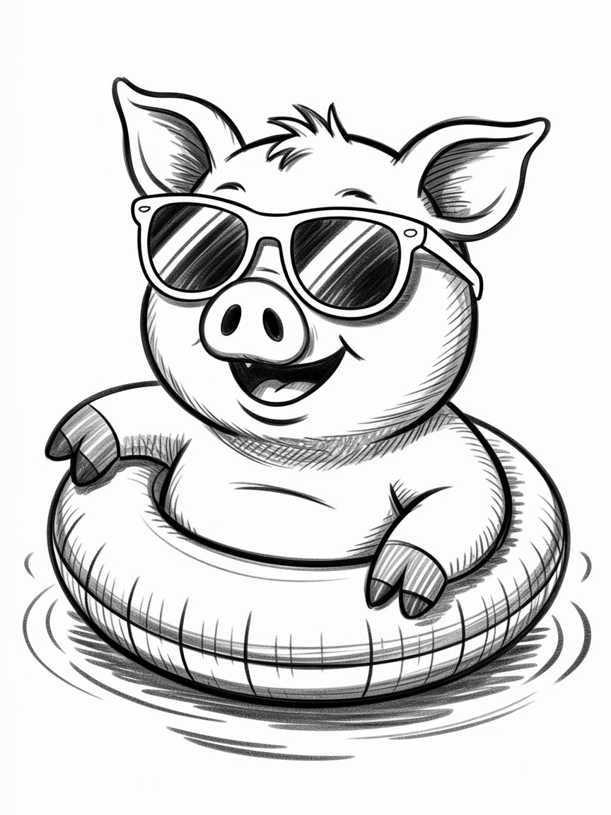 30 Epic Sketches: Discover Cool Drawing Ideas to Boost Your Art Game 2025! 2 Cool Drawing Ideas, a cheerful cartoon pig wearing sunglasses floats in a swim ring, drawn in black and white with gentle water ripples.