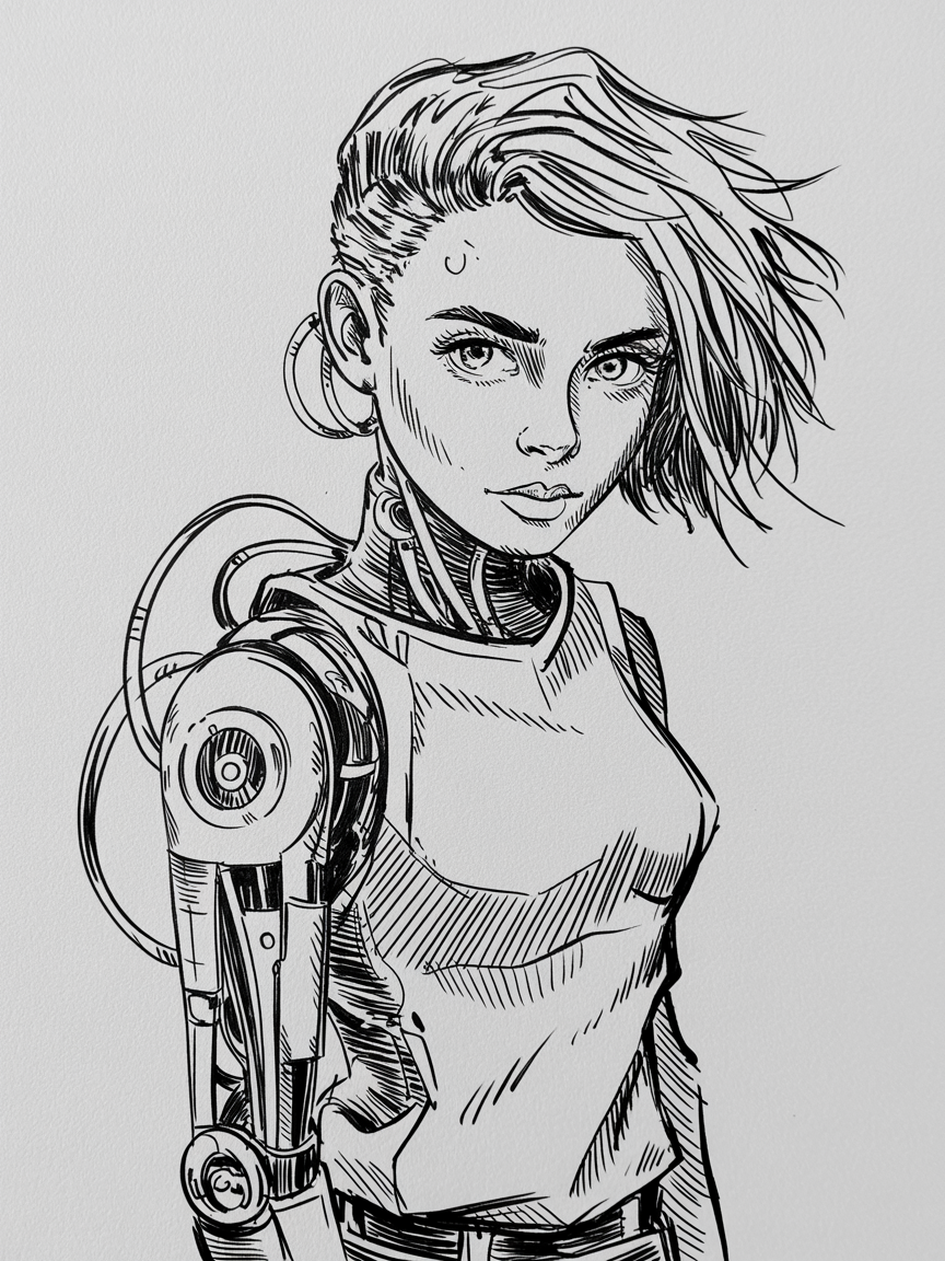 30 Epic Sketches: Discover Cool Drawing Ideas to Boost Your Art Game 2025! 3 Cool Drawing Ideas, a black and white ink portrait of a cyborg with a mechanical arm and windswept hair, drawn with bold linework and detailed joints.