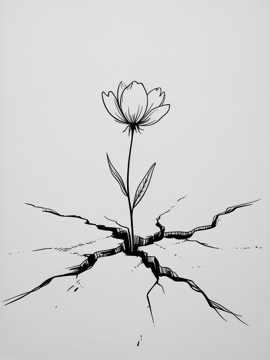 30 Epic Sketches: Discover Cool Drawing Ideas to Boost Your Art Game 2025! 4 Cool Drawing Ideas, a minimal black ink drawing of a single flower growing from deep cracks on a white paper background.
