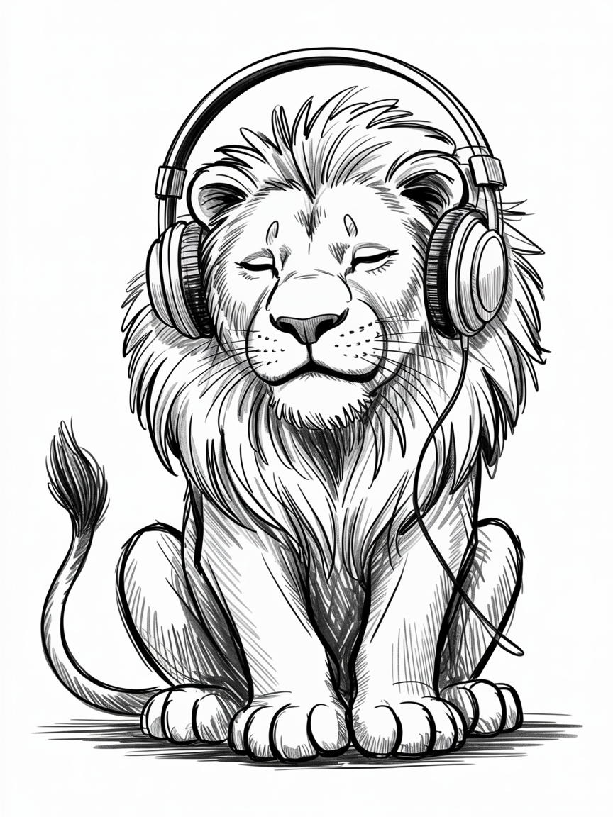 30 Epic Sketches: Discover Cool Drawing Ideas to Boost Your Art Game 2025! 5 Cool Drawing Ideas, a black and white sketch of a calm lion wearing large headphones with detailed mane, closed eyes, and big paws.