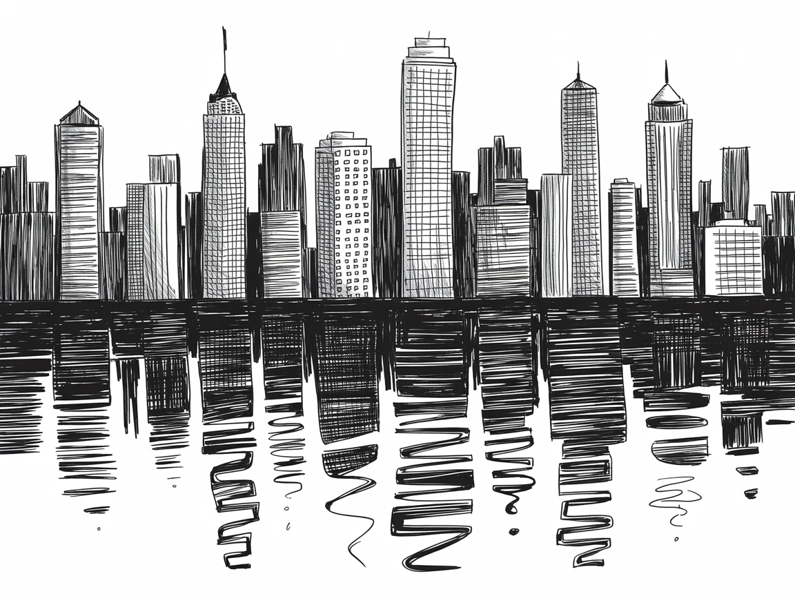 30 Epic Sketches: Discover Cool Drawing Ideas to Boost Your Art Game 2025! 6 Cool Drawing Ideas, a black and white sketch of a city skyline with tall buildings and rippled water reflections.
