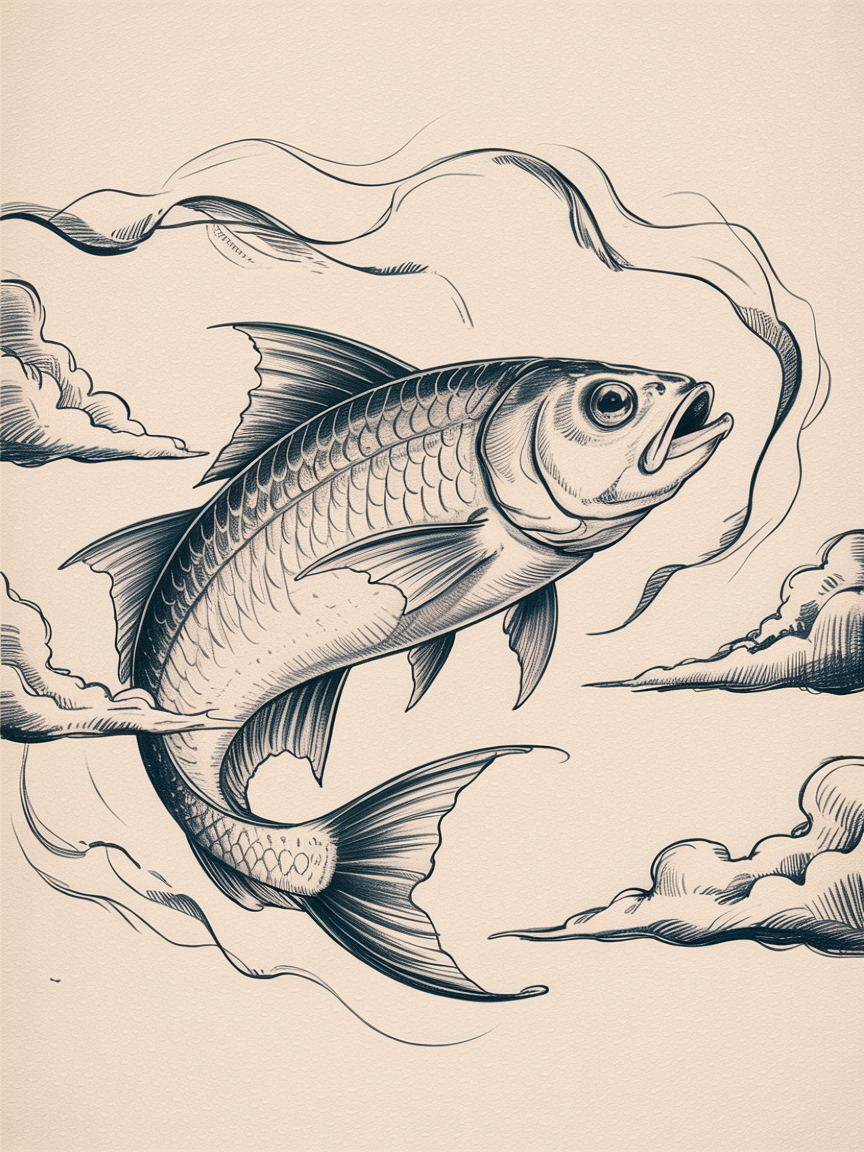 30 Epic Sketches: Discover Cool Drawing Ideas to Boost Your Art Game 2025! 7 Cool Drawing Ideas, a monochrome ink illustration of a leaping fish surrounded by flowing clouds and ribbon-like lines on warm paper.