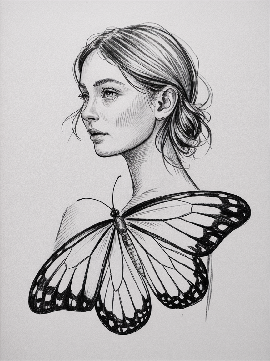 30 Epic Sketches: Discover Cool Drawing Ideas to Boost Your Art Game 2025! 8 Cool Drawing Ideas, a black and white line drawing of a young woman in profile with a large butterfly on her shoulder, showing fine cross-hatching and bold wing patterns.