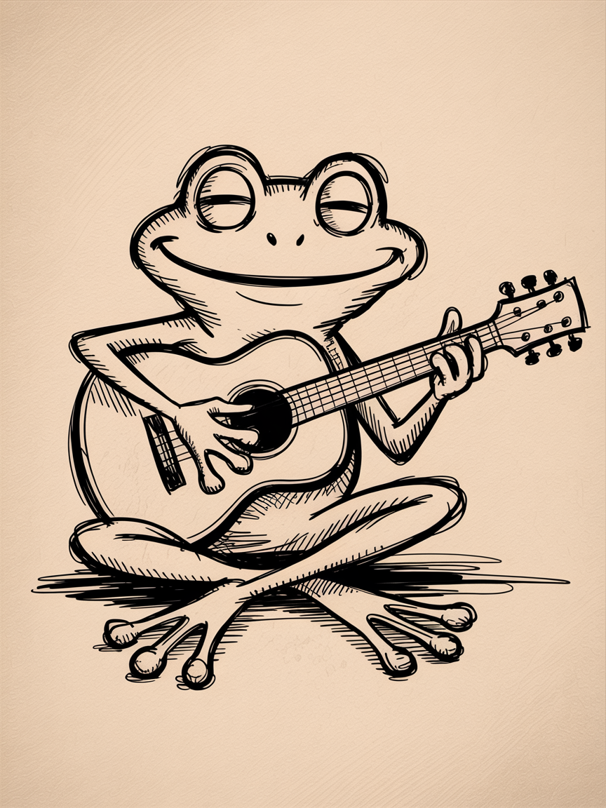 30 Epic Sketches: Discover Cool Drawing Ideas to Boost Your Art Game 2025! 9 Cool Drawing Ideas, a smiling cartoon frog plays an acoustic guitar in bold black ink on warm tan paper.