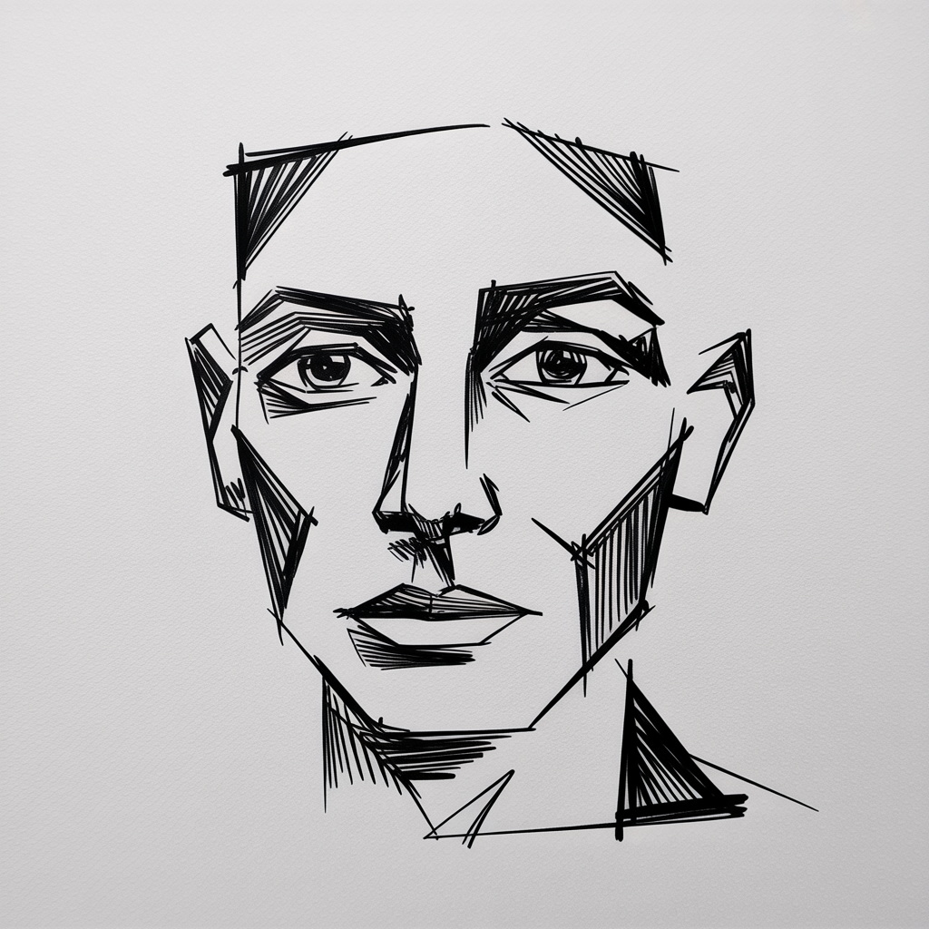 30 Epic Sketches: Discover Cool Drawing Ideas to Boost Your Art Game 2025! 10 Cool Drawing Ideas, a bold black line portrait with geometric angles and crosshatching on white paper.