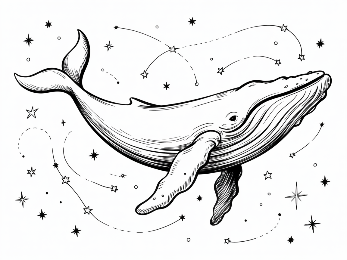 30 Epic Sketches: Discover Cool Drawing Ideas to Boost Your Art Game 2025! 12 Cool Drawing Ideas, a black and white line art whale drifting among stars with dotted constellations and flowing textures