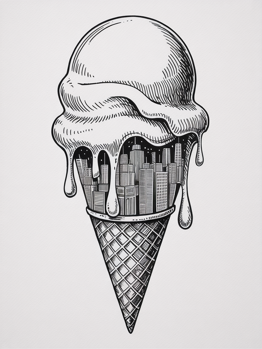 30 Epic Sketches: Discover Cool Drawing Ideas to Boost Your Art Game 2025! 13 Cool Drawing Ideas, black and white ink illustration of a melting ice cream cone revealing a city skyline inside on a clean white background.