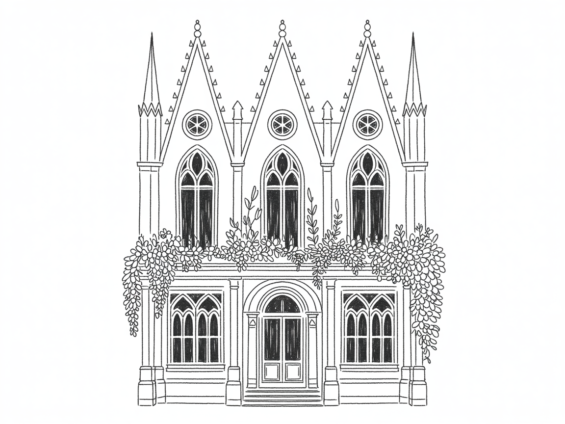 30 Epic Sketches: Discover Cool Drawing Ideas to Boost Your Art Game 2025! 14 Cool Drawing Ideas, a symmetrical Gothic-style building facade with pointed arches, slender spires, and leafy vines draping a central balcony.