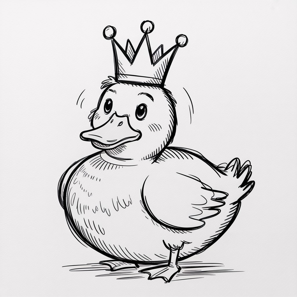 30 Epic Sketches: Discover Cool Drawing Ideas to Boost Your Art Game 2025! 15 Cool Drawing Ideas, a charming cartoon duck wearing a crown in black and white line art with soft hatching and round shapes.