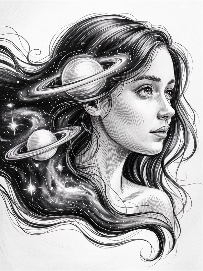 30 Epic Sketches: Discover Cool Drawing Ideas to Boost Your Art Game 2025! 16 Cool Drawing Ideas, a pencil portrait of a woman with flowing hair that becomes a starry galaxy with ringed planets and bright highlights.
