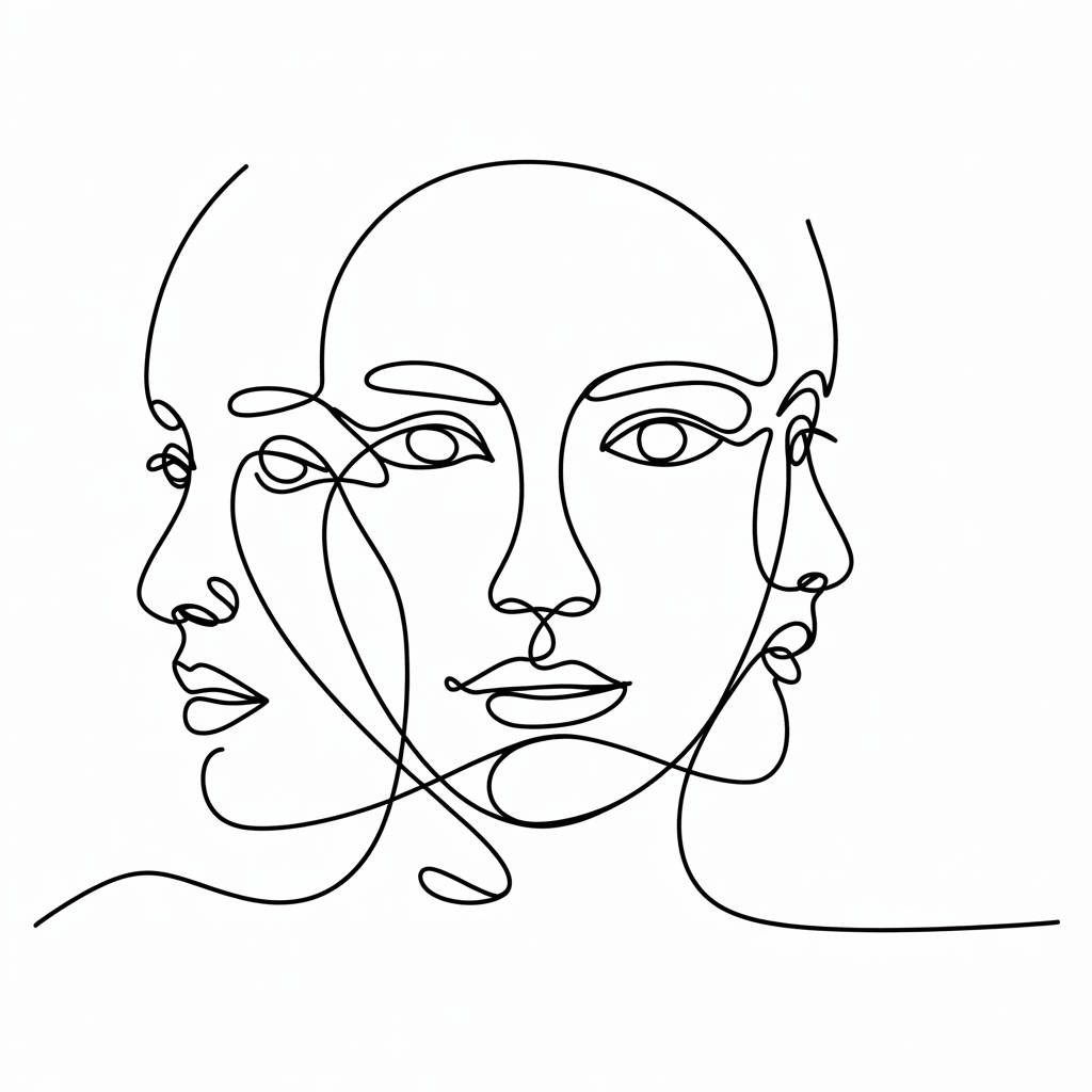 30 Epic Sketches: Discover Cool Drawing Ideas to Boost Your Art Game 2025! 17 Cool Drawing Ideas, minimalist one-line drawing of three overlapping faces on a white background.