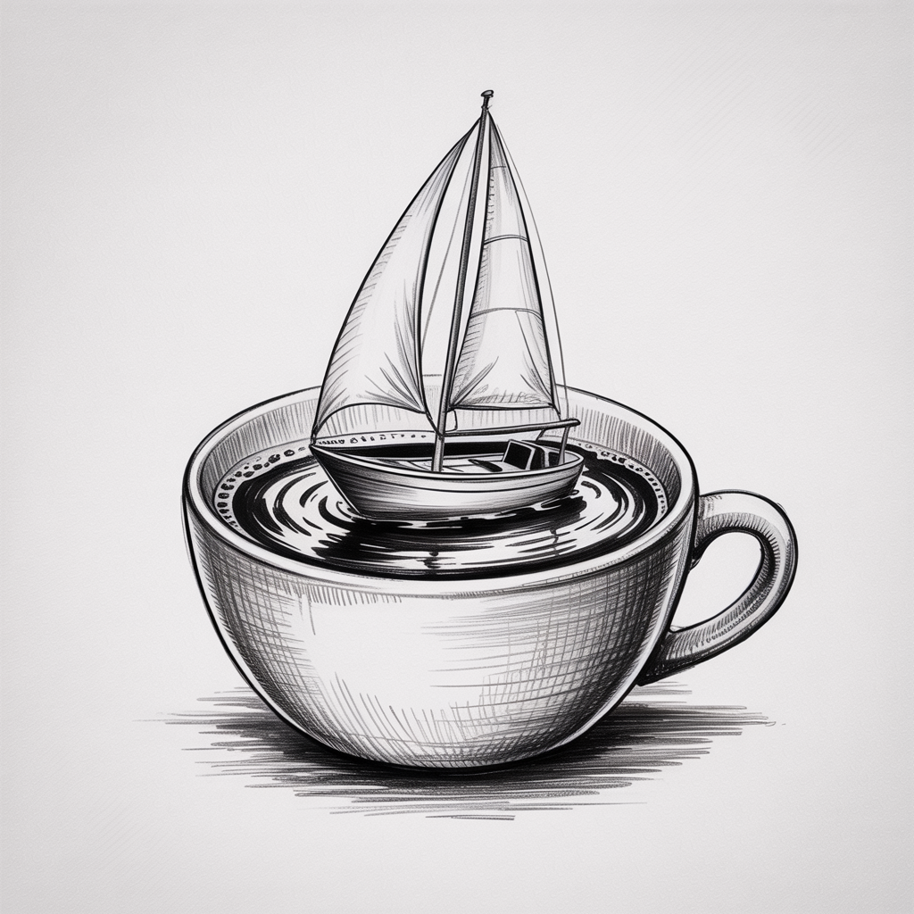 30 Epic Sketches: Discover Cool Drawing Ideas to Boost Your Art Game 2025! 18 Cool Drawing Ideas, a black and white sketch of a small sailboat floating on coffee inside a cup with ripples and crosshatched shading in a clean centered composition.