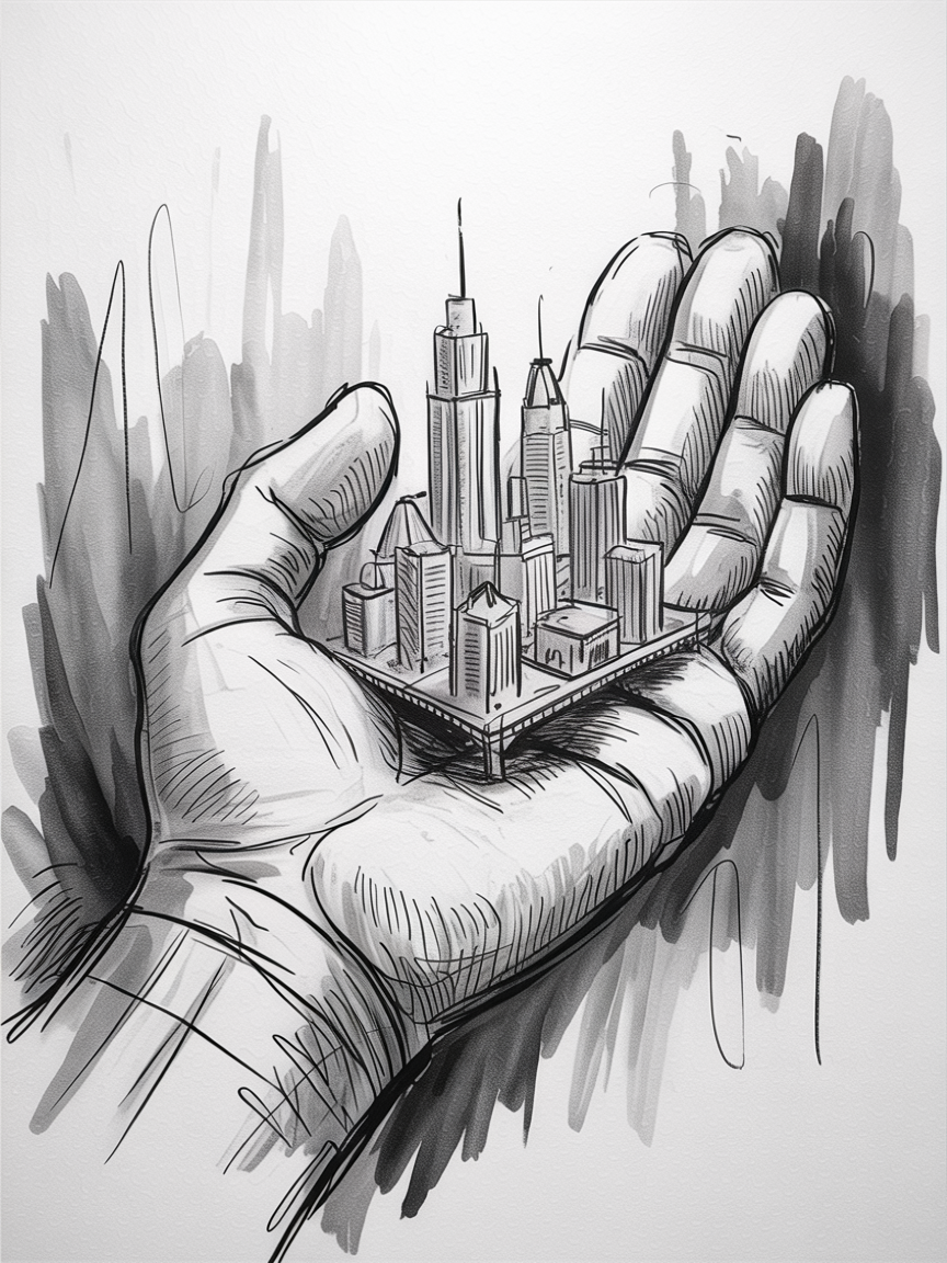 30 Epic Sketches: Discover Cool Drawing Ideas to Boost Your Art Game 2025! 19 Cool Drawing Ideas, a black and white sketch of a large hand holding a tiny city skyline with bold ink lines and soft gray shading.