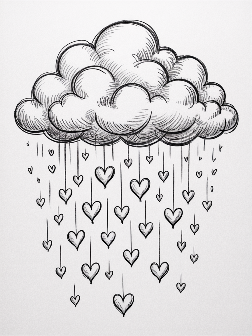 30 Epic Sketches: Discover Cool Drawing Ideas to Boost Your Art Game 2025! 20 Cool Drawing Ideas a hand-drawn fluffy cloud raining hearts of varied sizes, outlined in black with light hatching on white paper