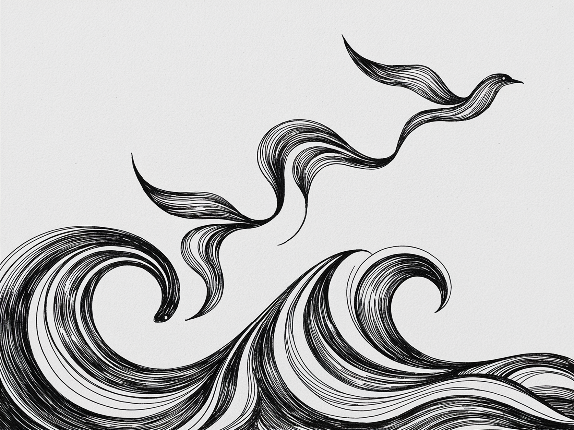 30 Epic Sketches: Discover Cool Drawing Ideas to Boost Your Art Game 2025! 21 Cool Drawing Ideas, a black ink line drawing of curling ocean waves and a ribbonlike bird rising above on a white background.