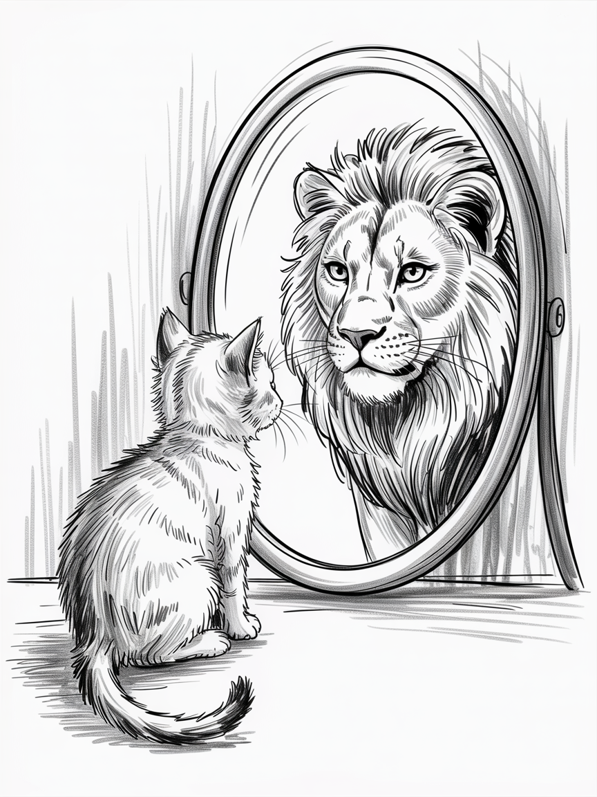 30 Epic Sketches: Discover Cool Drawing Ideas to Boost Your Art Game 2025! 22 Cool Drawing Ideas, a kitten looks into an oval mirror and sees a lion’s reflection in a black and white sketch