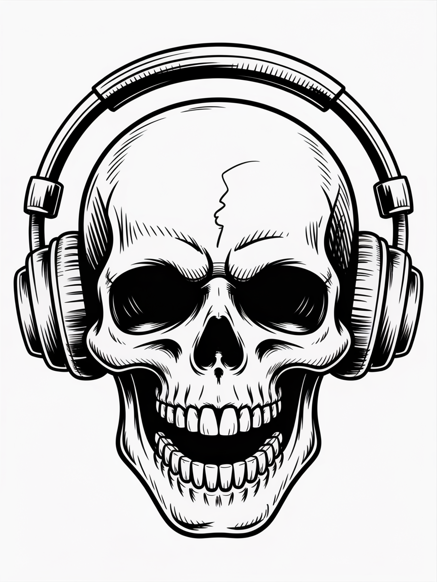 30 Epic Sketches: Discover Cool Drawing Ideas to Boost Your Art Game 2025! 23 Cool Drawing Ideas, black and white line art of a grinning skull wearing large headphones on a clean white background.