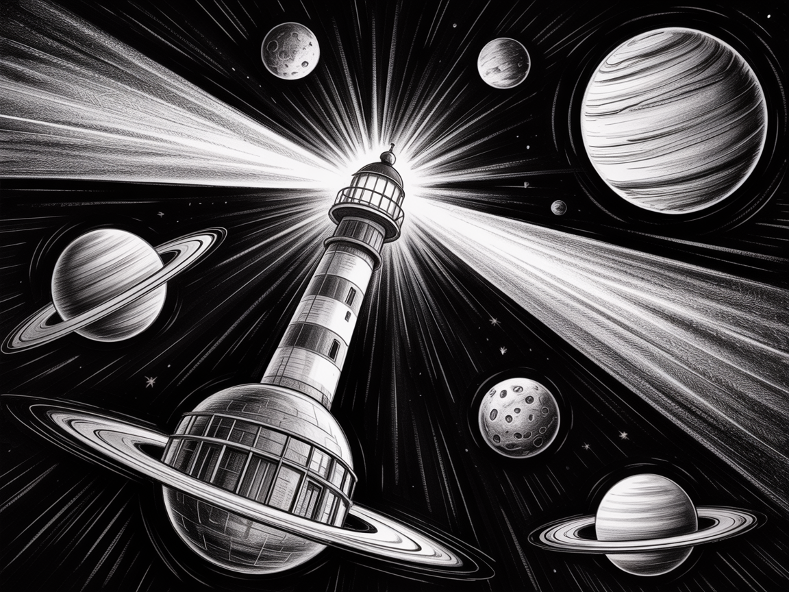 30 Epic Sketches: Discover Cool Drawing Ideas to Boost Your Art Game 2025! 24 Cool Drawing Ideas, a black and white drawing of a lighthouse in space casting bright beams among ringed planets and cratered moons.