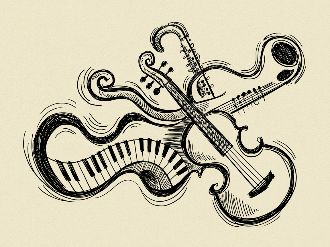 30 Epic Sketches: Discover Cool Drawing Ideas to Boost Your Art Game 2025! 25 Cool Drawing Ideas, a black ink sketch of violin, piano keys, and guitar-like shapes swirling together on warm cream paper.