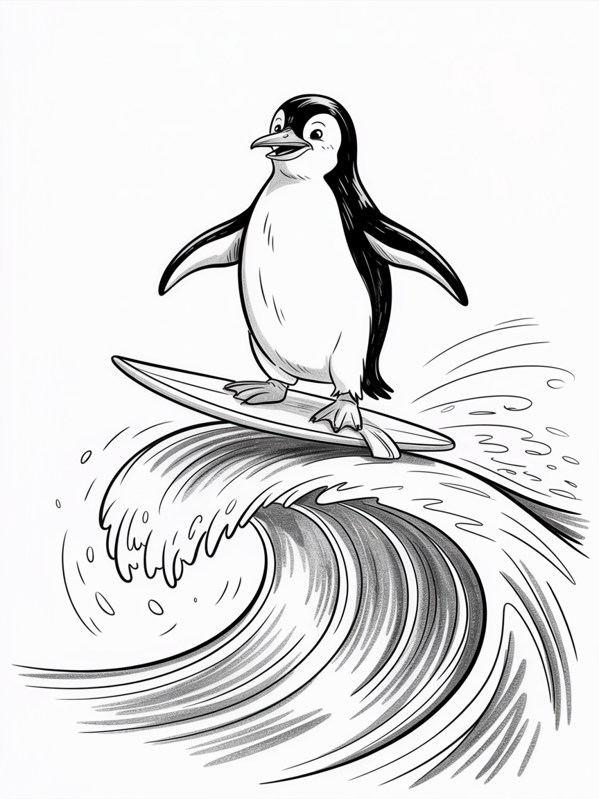 30 Epic Sketches: Discover Cool Drawing Ideas to Boost Your Art Game 2025! 26 Cool Drawing Ideas: a cartoon penguin surfing a curling wave on a board in crisp black and white line art.