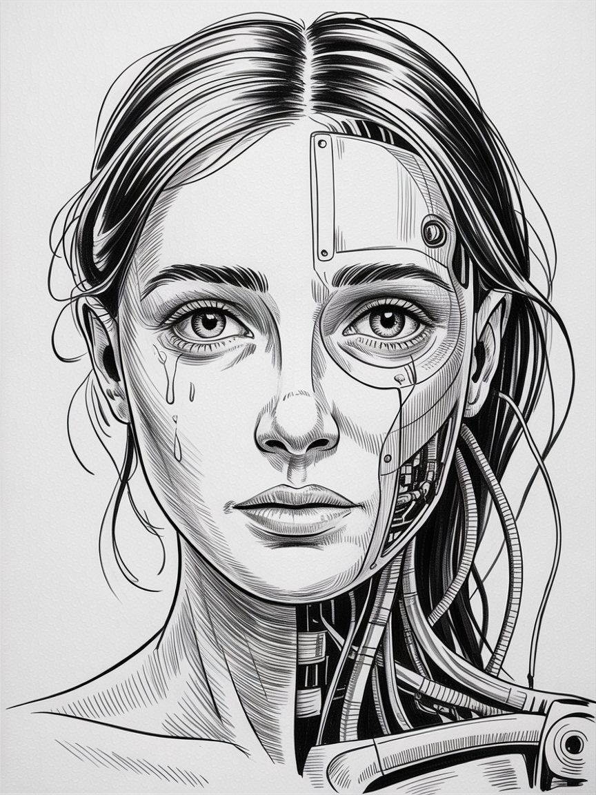 30 Epic Sketches: Discover Cool Drawing Ideas to Boost Your Art Game 2025! 27 Cool Drawing Ideas: black and white split portrait of a person with one side human and the other mechanical, detailed wires and metal plates with crisp ink lines.