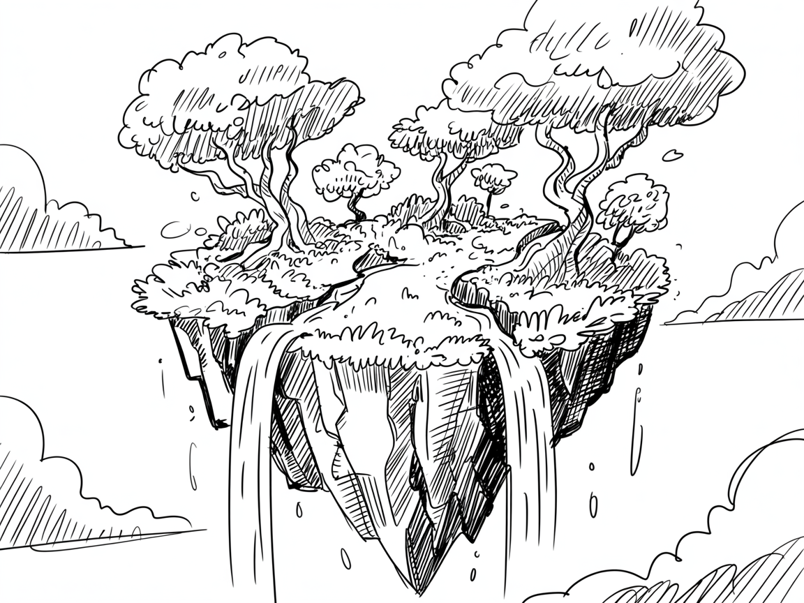 30 Epic Sketches: Discover Cool Drawing Ideas to Boost Your Art Game 2025! 28 Cool Drawing Ideas: black and white sketch of a floating island with twisting trees, cliffs, and waterfalls in the sky.
