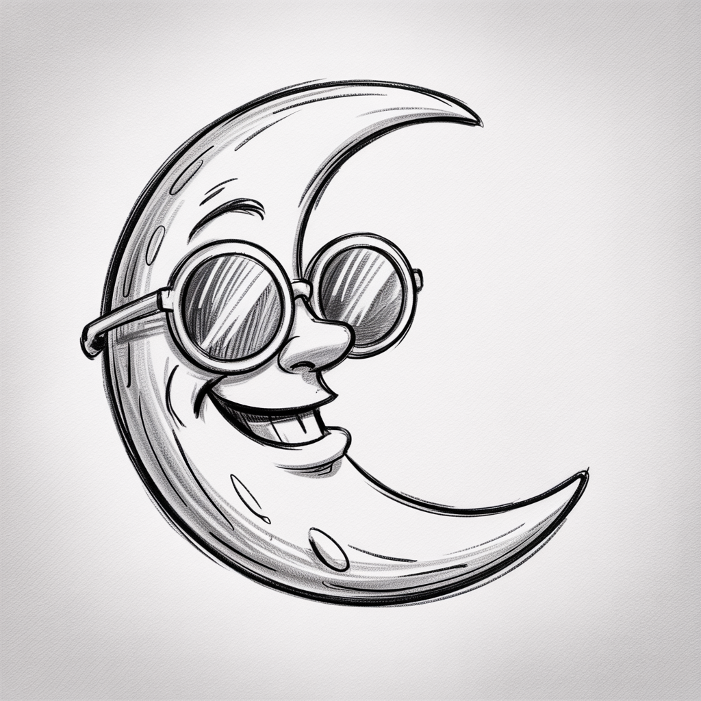 30 Epic Sketches: Discover Cool Drawing Ideas to Boost Your Art Game 2025! 29 Cool Drawing Ideas, a smiling cartoon crescent moon in round sunglasses, drawn in pencil with bold outlines and gentle hatching.