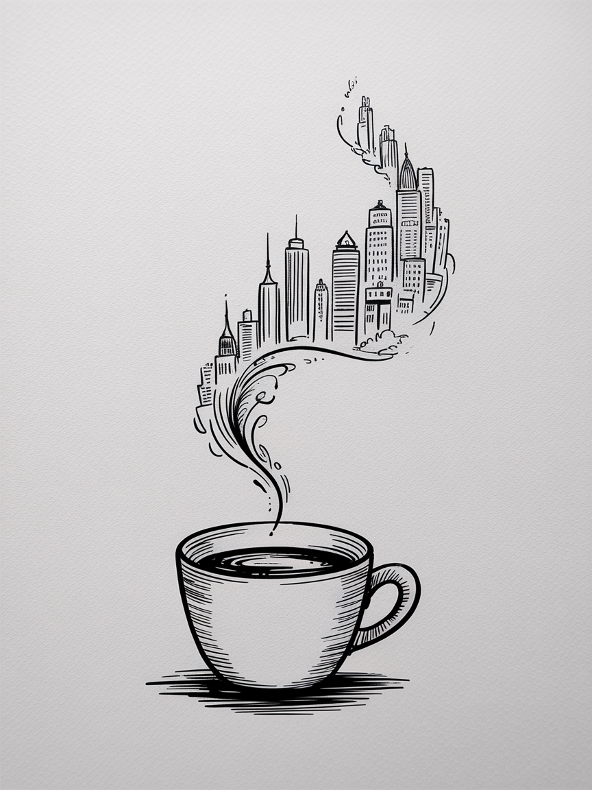 30 Epic Sketches: Discover Cool Drawing Ideas to Boost Your Art Game 2025! 30 Cool Drawing Ideas, a black ink sketch shows a coffee cup with steam forming a city skyline on textured paper.