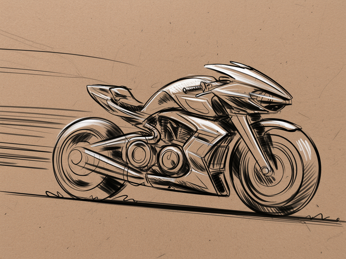 30 Epic Sketches: Discover Cool Drawing Ideas to Boost Your Art Game 2025! 31 Cool Drawing Ideas, a sleek futuristic motorcycle sketched on tan paper with bold motion lines and bright white highlights