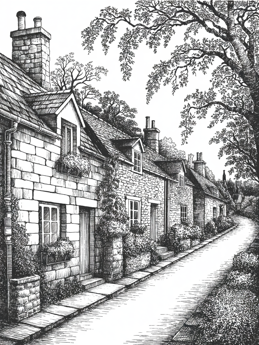 Building Drawing Ideas Black-and-white ink drawing of stone cottages lining a quiet village lane beneath overhanging trees.