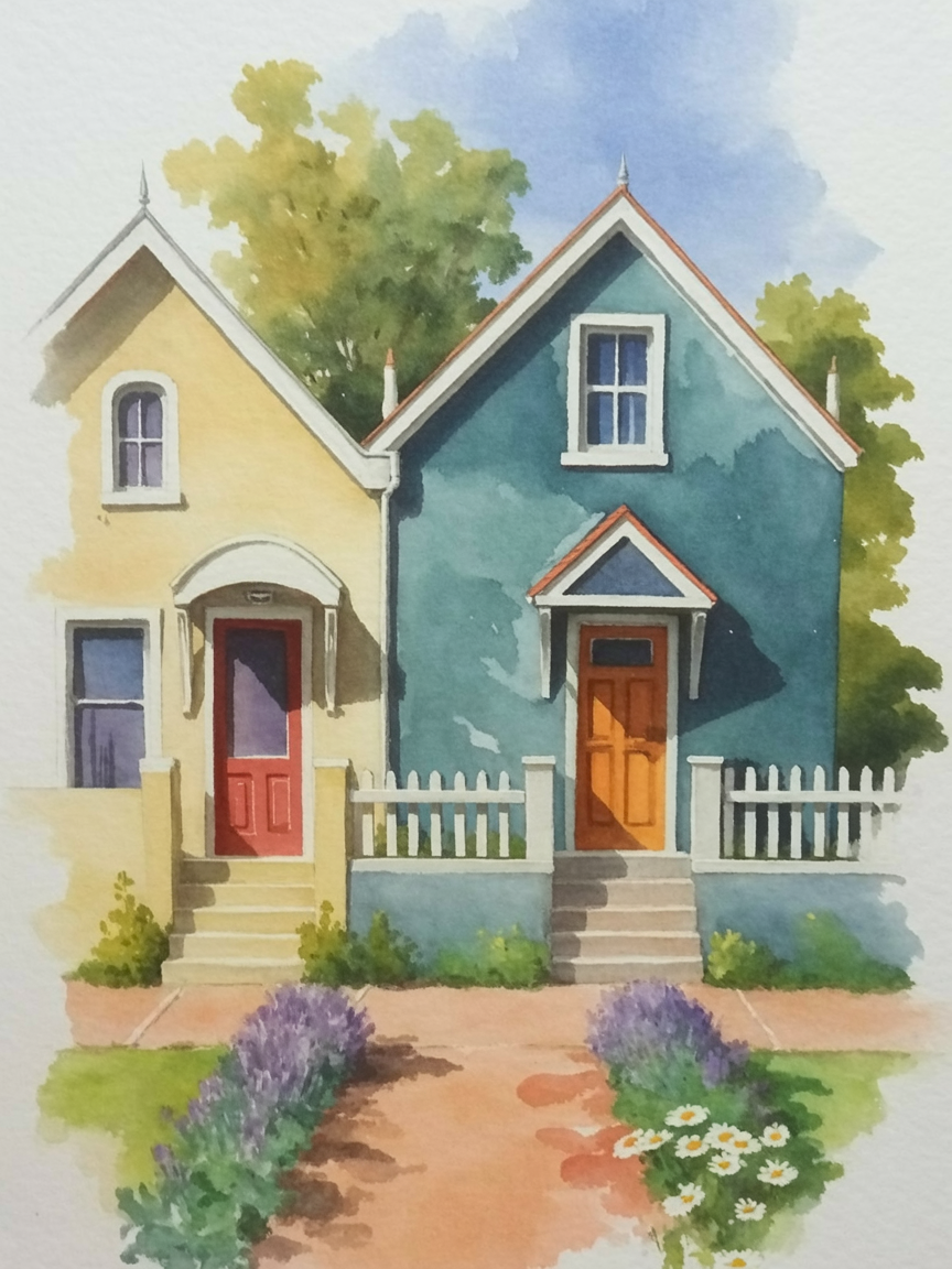 Building Drawing Ideas Watercolor of two adjoining houses, one yellow and one teal, with red and orange doors, a white picket fence, garden flowers, and soft morning light.