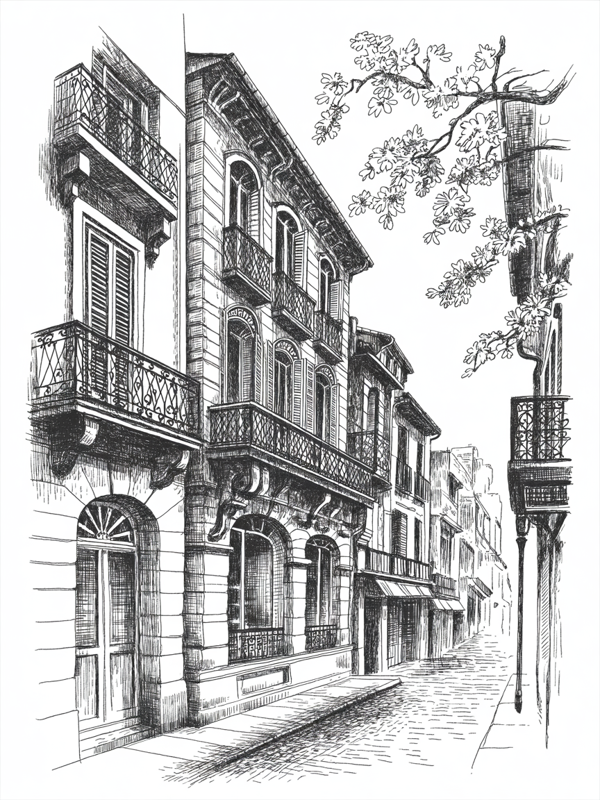 Building Drawing Ideas Black-and-white ink drawing of a quiet European street with ornate balconies, arched windows, and a leafy branch framing the cobblestone perspective.