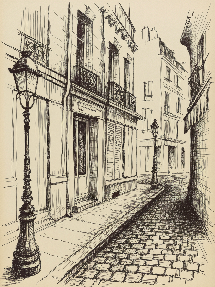 Building Drawing Ideas Ink sketch of a narrow European cobblestone street with tall buildings, balconies, shutters, and vintage street lamps curving into a vanishing point.