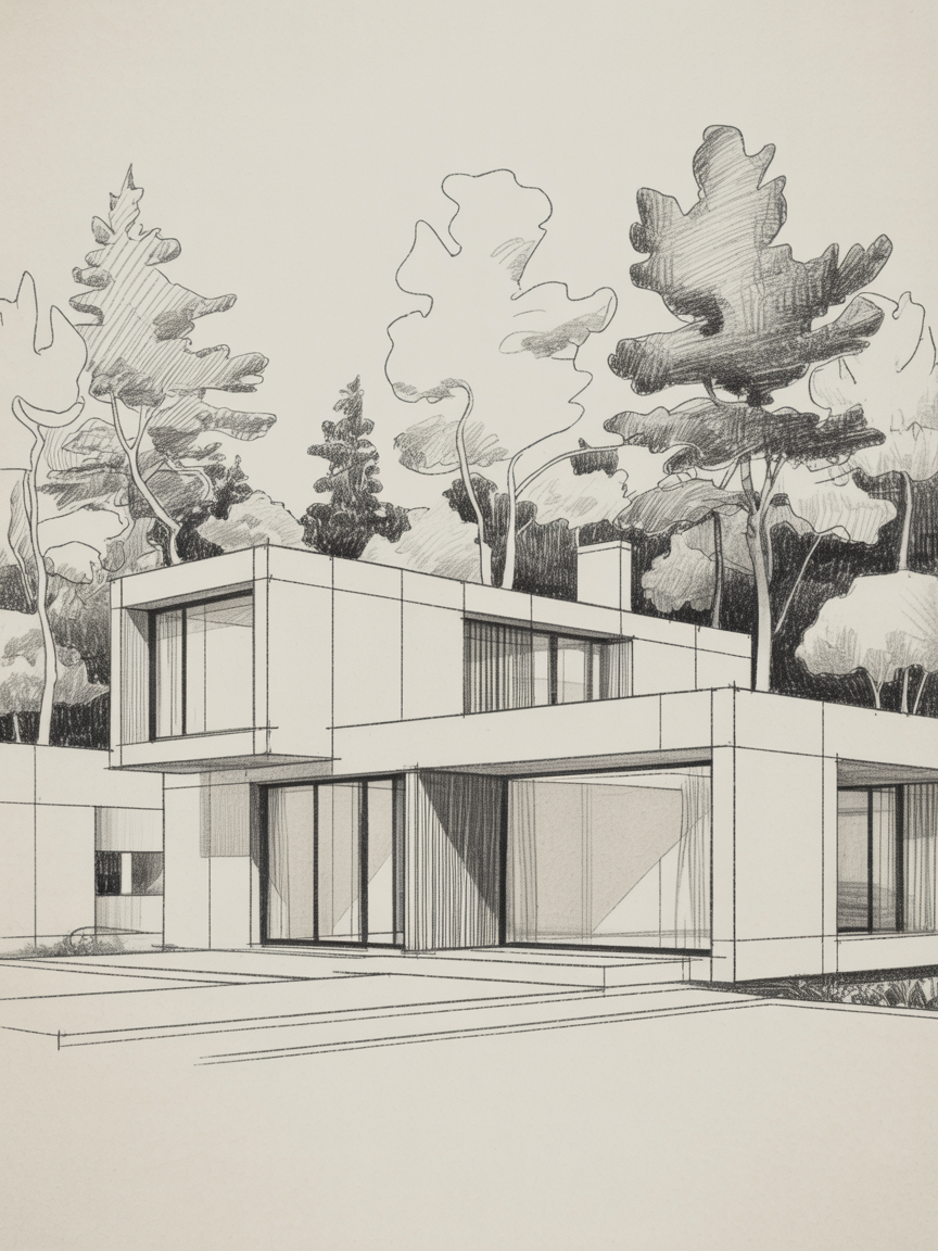 Building Drawing Ideas Pencil sketch of a modern boxy house with large windows and tall trees behind it, drawn in two-point perspective.
