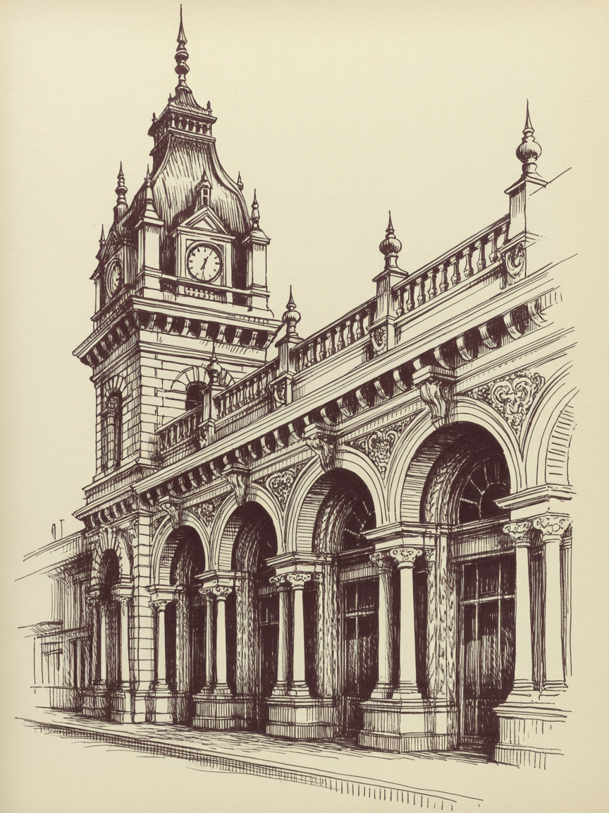 Building Drawing Ideas Ink sketch of an ornate historic building with a tall clock tower and a row of arched columns viewed from the street.