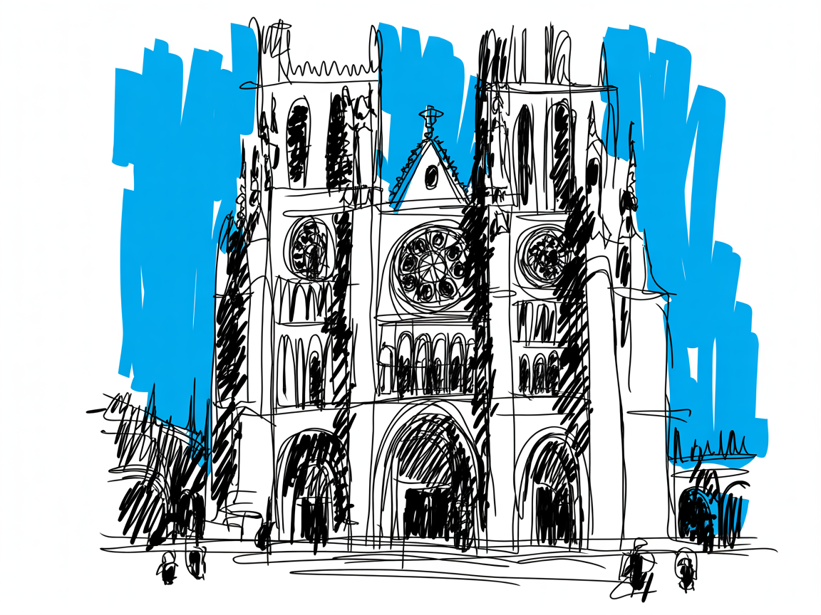 Building Drawing Ideas A loose black line sketch of a Gothic cathedral with twin towers and rose windows against blue blocks of sky.