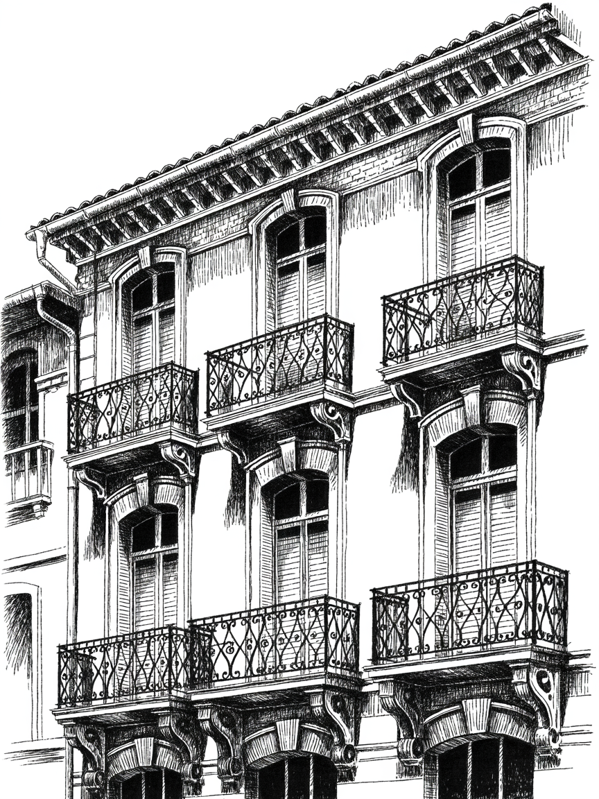 Building Drawing Ideas Pen-and-ink drawing of a three-story facade with arched windows, ornate corbels, and wrought-iron balconies.