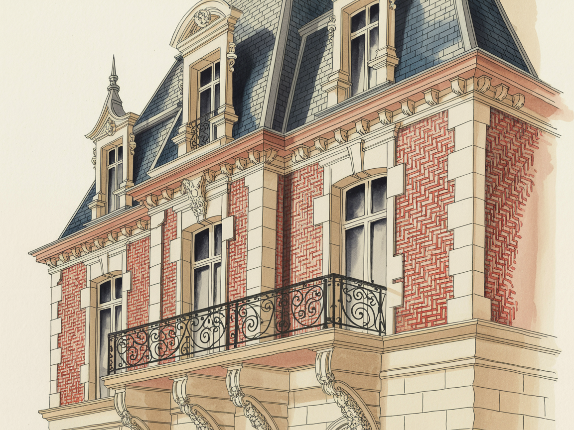 Building Drawing Ideas Illustration of a classic European townhouse with a slate mansard roof, red herringbone brick, pale stone trim, and ornate wrought-iron balcony.