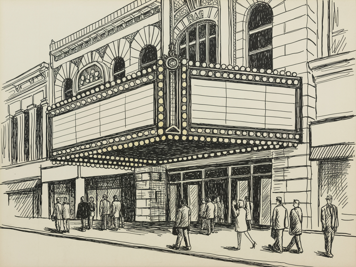 Building Drawing Ideas Ink drawing of a vintage theater facade with a large marquee and people gathered and walking on the sidewalk.