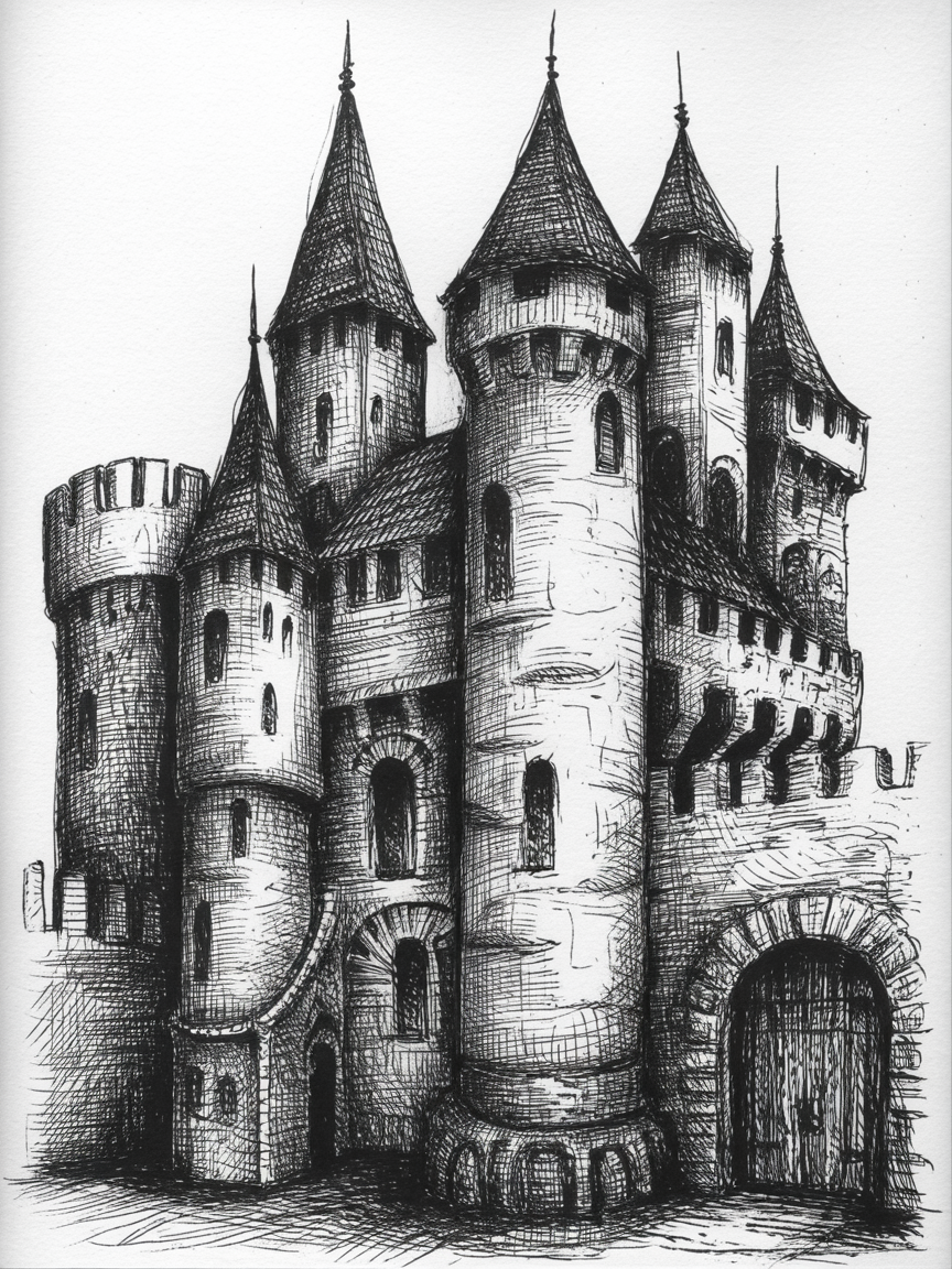 Building Drawing Ideas Black-and-white ink drawing of a medieval stone castle with tall conical turrets, an arched wooden gate, and crosshatched shadows.
