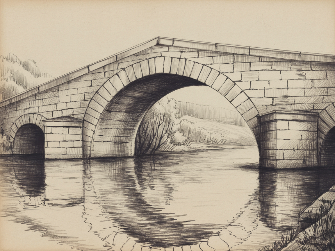 Building Drawing Ideas Pencil sketch of a stone arch bridge over a calm river with reflections and distant trees.