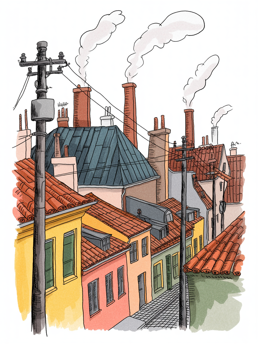 Building Drawing Ideas Illustrated city rooftops with colorful facades, terracotta tiles, chimneys puffing smoke, and utility poles and wires along a sloping cobblestone street.