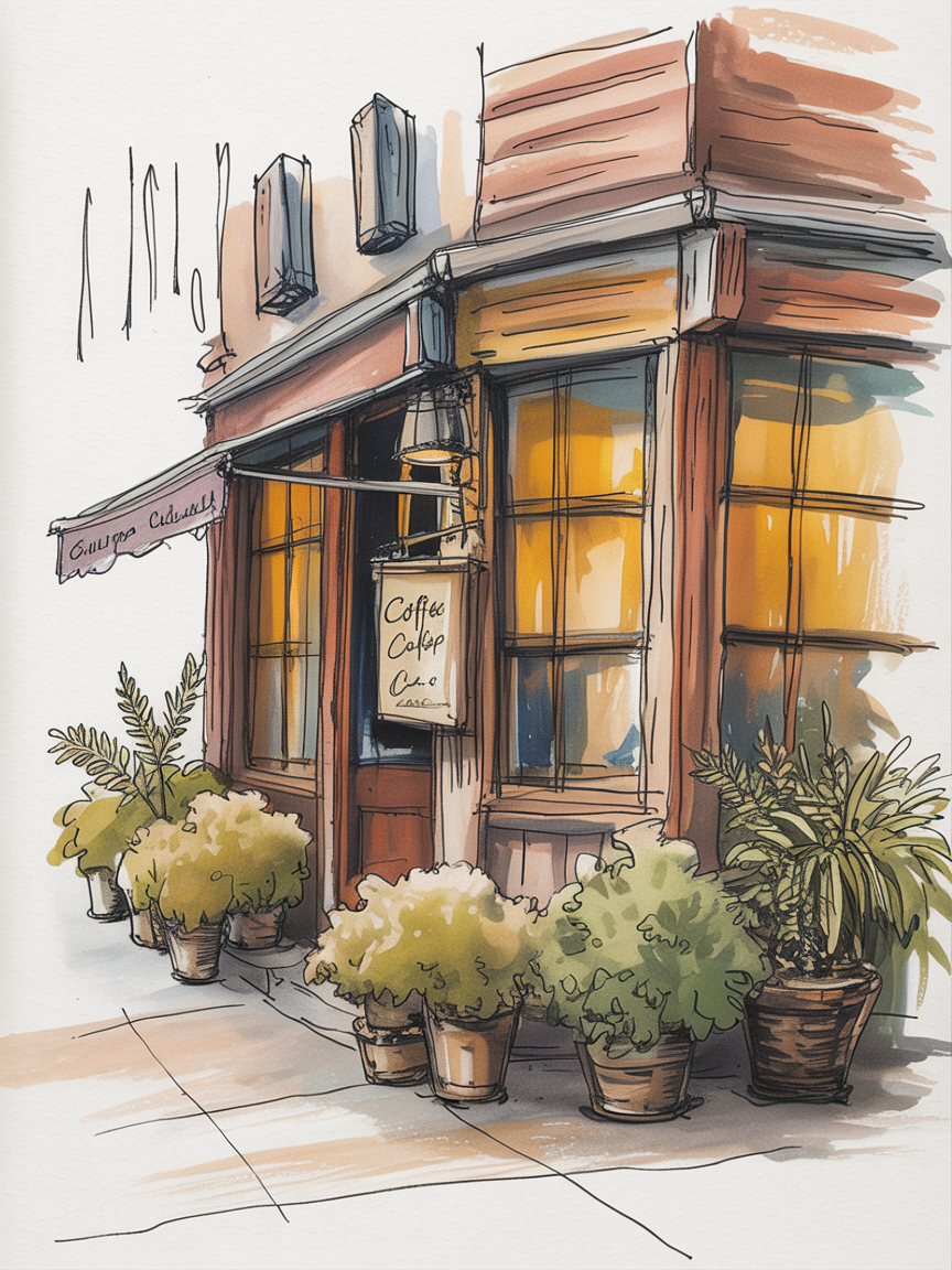 Building Drawing Ideas Hand-drawn café storefront with warm glowing windows, an awning, and potted plants lining the sidewalk.