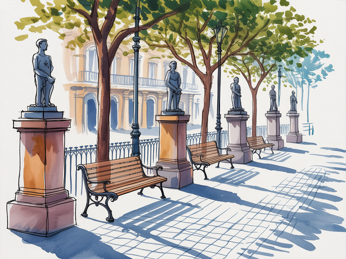 Building Drawing Ideas Illustrated tree-lined promenade with benches and statues casting long blue shadows beside a sunlit historic building.