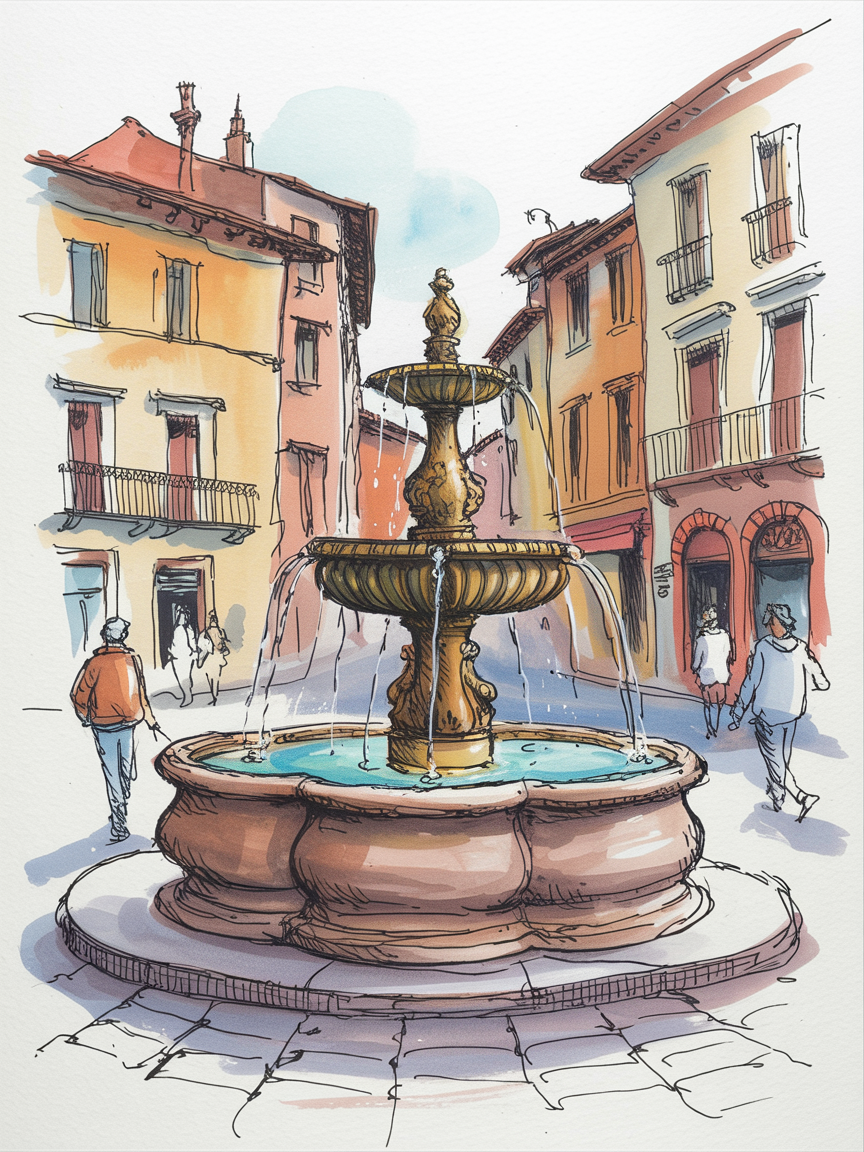 Building Drawing Ideas Watercolor-and-ink sketch of an ornate stone fountain in a sunny town plaza with pastel buildings and a few pedestrians.