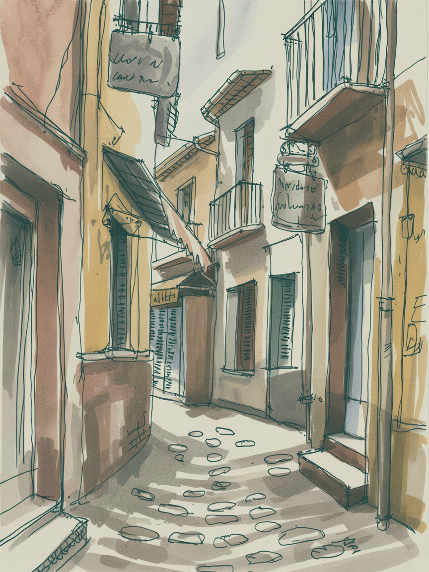 Building Drawing Ideas Ink-and-wash sketch of a narrow sunlit alley with cobblestones, balconies, and hanging shop signs casting striped shadows.