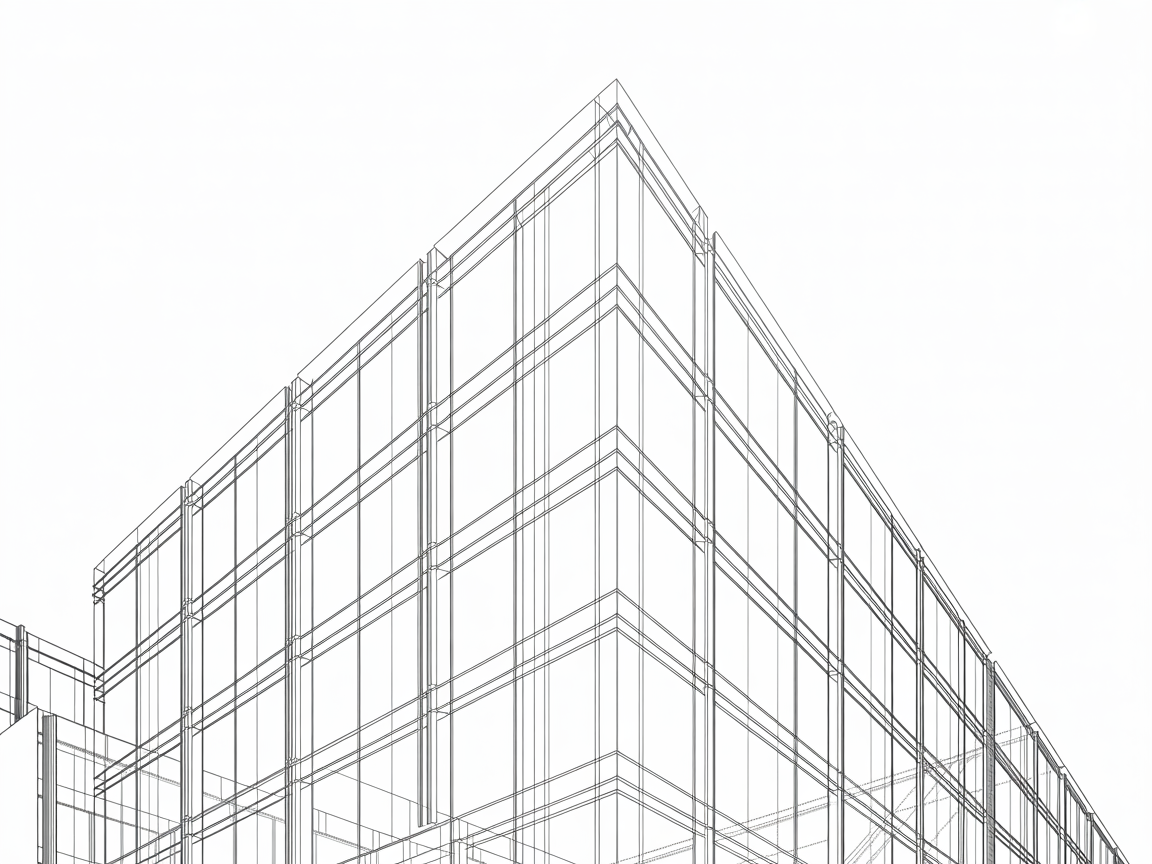 Building Drawing Ideas Wireframe perspective drawing of a modern building corner with a grid of lines against a white background.
