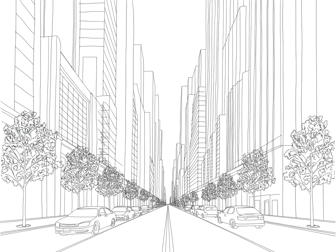 Building Drawing Ideas Line drawing of a long city street with tall buildings, trees, and parked cars converging to a central vanishing point.