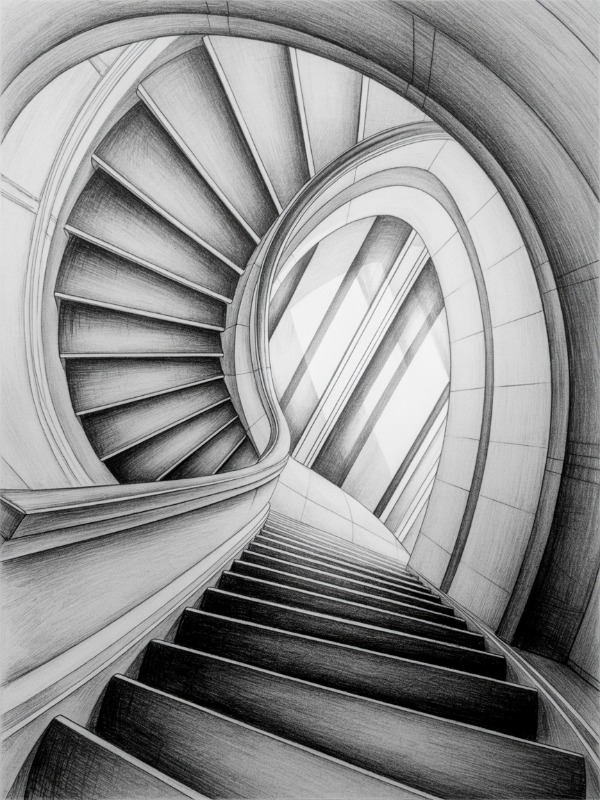 Building Drawing Ideas Pencil drawing of a sweeping spiral staircase seen from below, with deep shading on the treads and bright light through an oval opening.