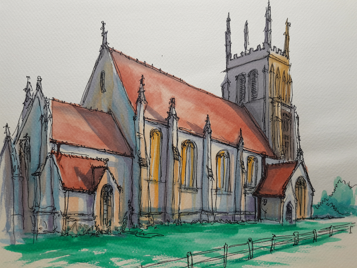 Building Drawing Ideas A loose watercolor and ink sketch of a church with rust-red roofs, glowing yellow windows, and a tall steeple on a green lawn.
